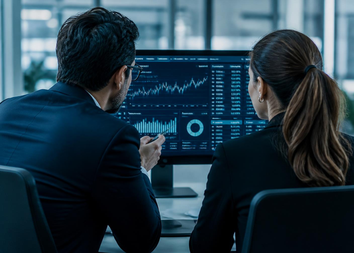 Finance professionals reviewing performance dashboards